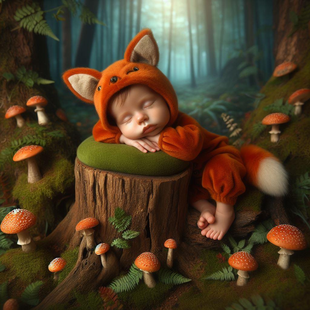 Bébé habillé en renard, endormi sur un rondin de bois dans une foret mystérieuse
