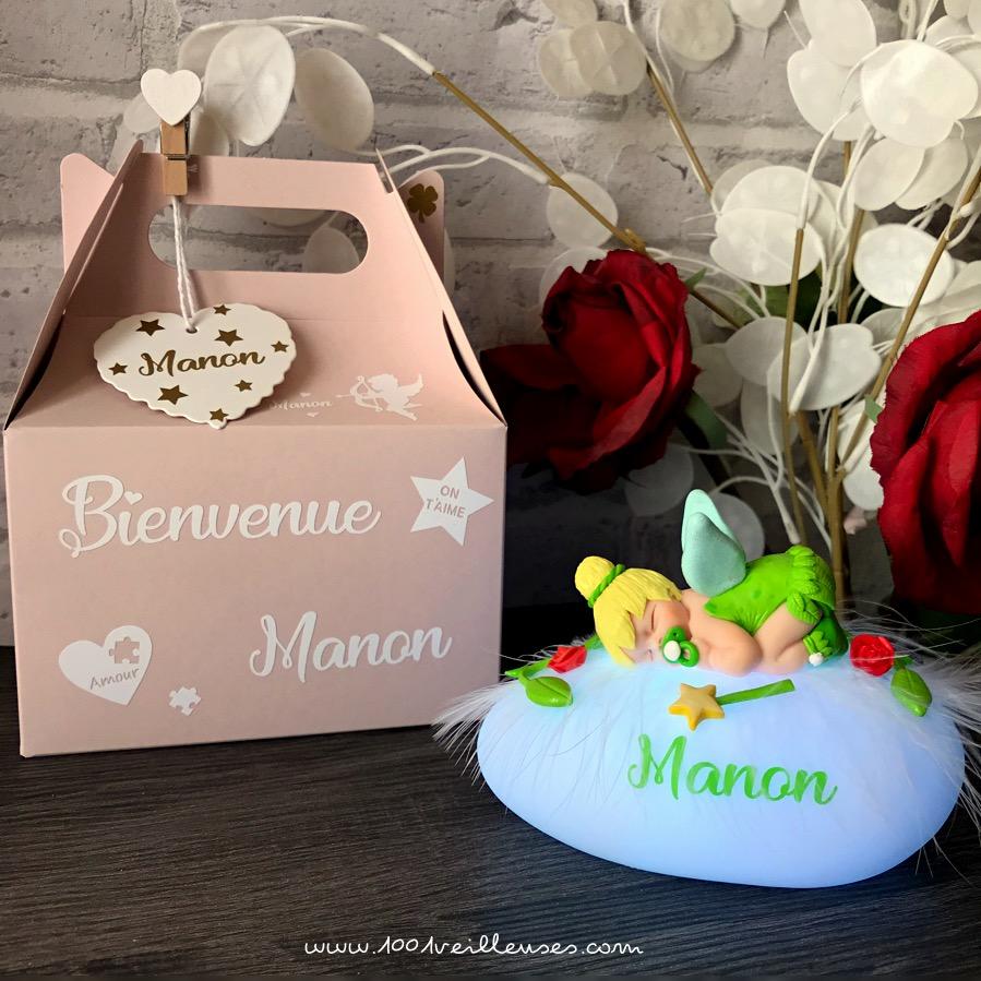 Caja de regalo para el nacimiento de una niña - Lámpara de hada Campanilla hecha a mano con su caja de regalo personalizada