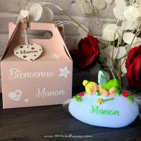 Coffret cadeau naissance bébé fille - Veilleuse fée clochette artisanale avec sa boite cadeau personnalisée