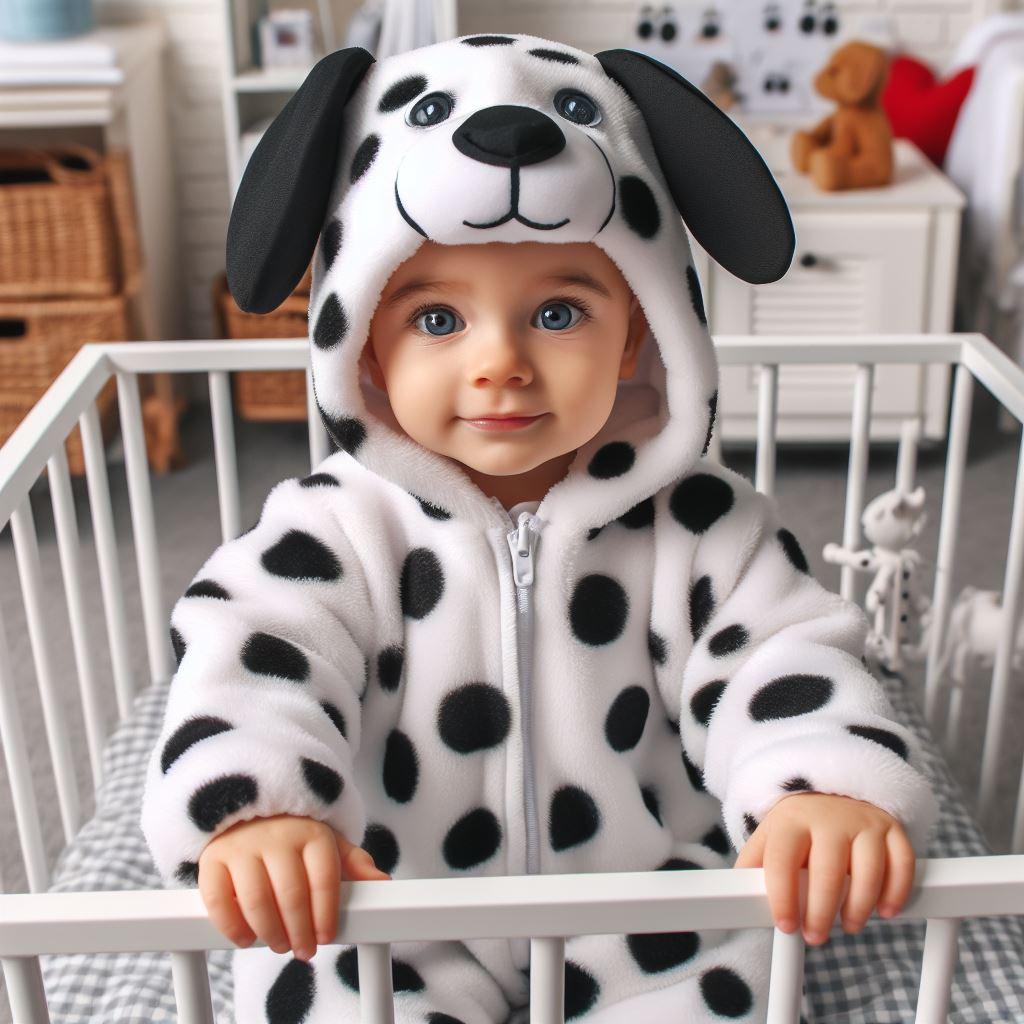 bébé habillé en dalmatien, debout dans son lit