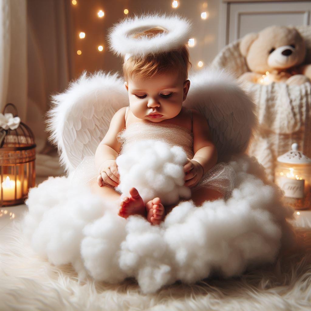 Petit bébé habillé en ange avec une couronne sur la tête assis dans un nuage