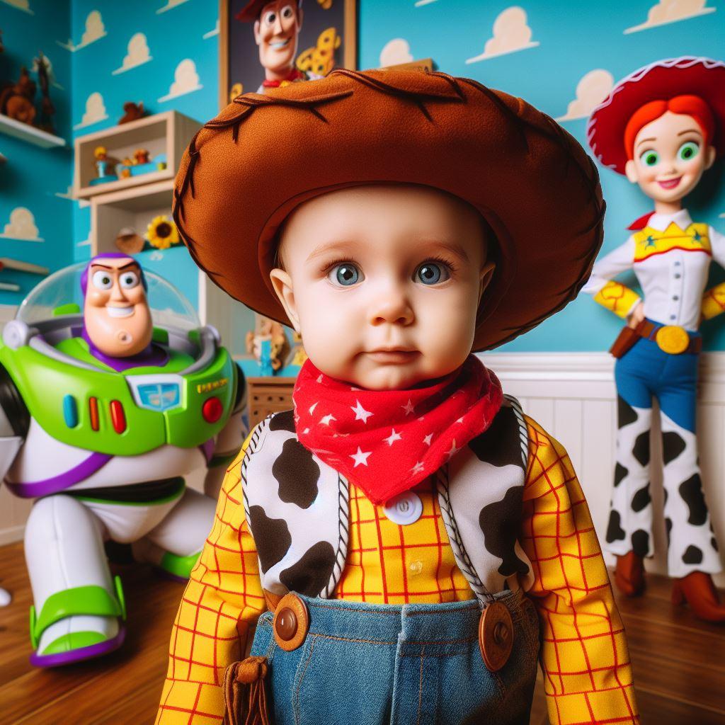 Petit garçon habillé en Woody de Toy story dans sa chambre décorée sur le thème de Toy story