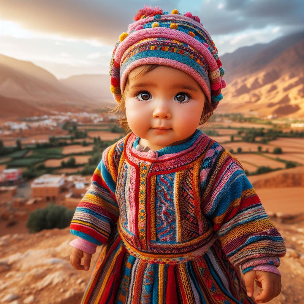 Petite fille habillée en robe berbère avec un paysage de desert