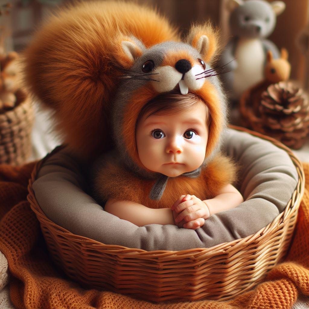 petit bébé habillé en écureuil, il est assis, timide
