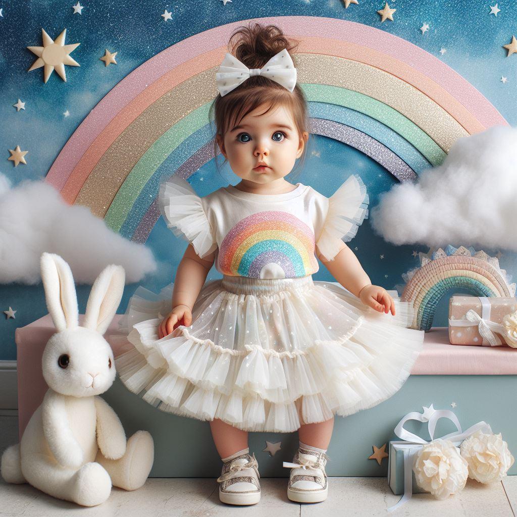 Petit bébé fille habillé avec une robe à volant arc-en-ciel assise dans sa chambre à la décoration pastel