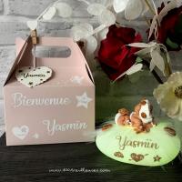 coffret de naissance pour bébé fille composé d'une veilleuse en forme de galet lumineux, une boite cadeau personnalisée, couleur douce apaisante