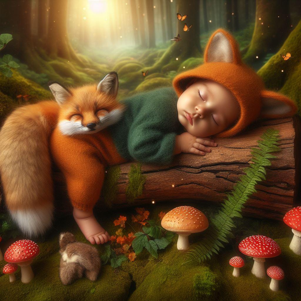 Magnifique petit bébé habillé en renard endormi sur son rondin de bois dans une foret enchantée avec des champignons