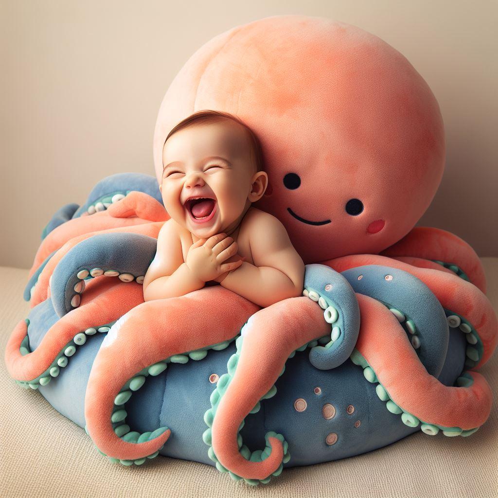 Bébé au milieu d'une énorme peluche poulpe, il éclate de rire, il est heureux