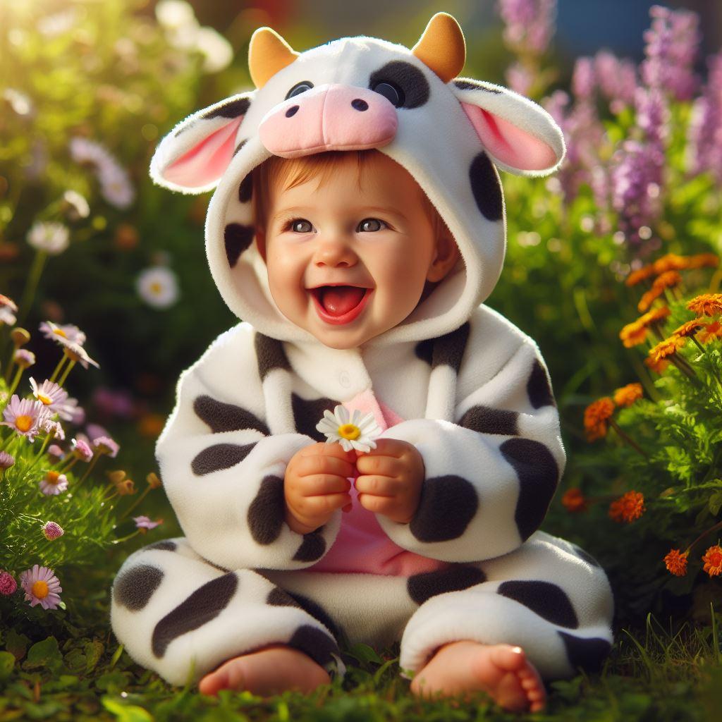 bébé déguisé en vache, assis, il rigole. Il y a des fleurs derrière lui.