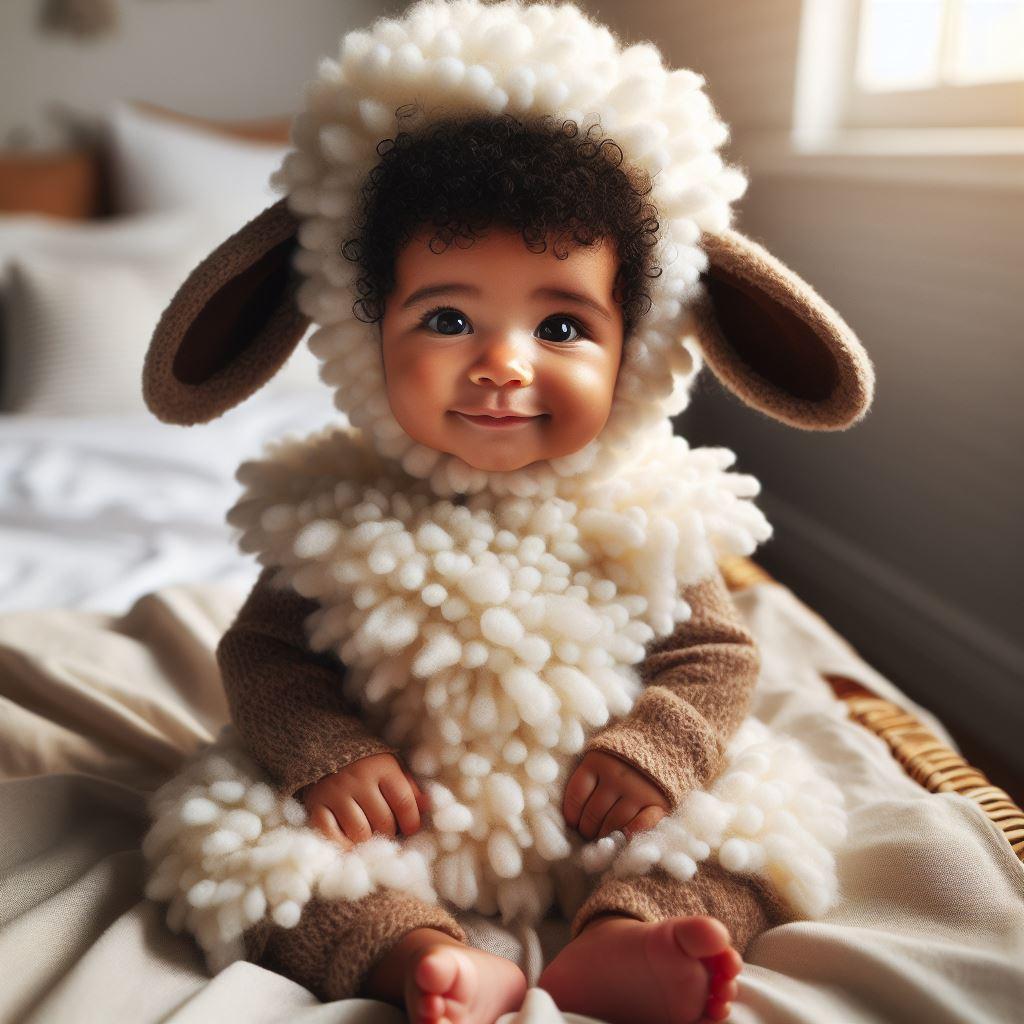 bébé habillé en mouton, assis et timide