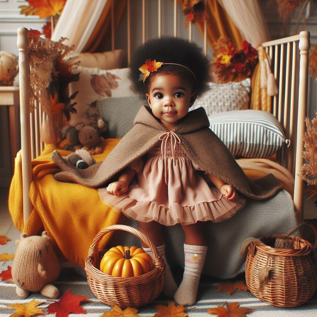 Magnifique petite fille dans sa chambre décoration automnal avec des feuilles d'automne