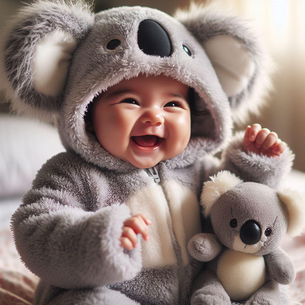 Petit bébé habillé en koala, il éclate de rire