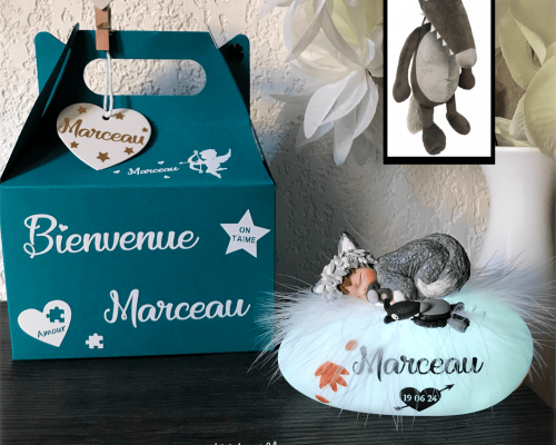 Magnifique création artisanale pour bébé garçon - superbe veilleuse personnalisable - cadeau de naissance rare - doudou loup