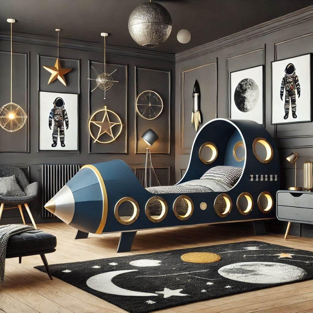 Une chambre d'enfant avec un lit exactement en forme de fusée, avec des détails tels que des fenêtres de cockpit et des éléments de design de vaisseau spatial.