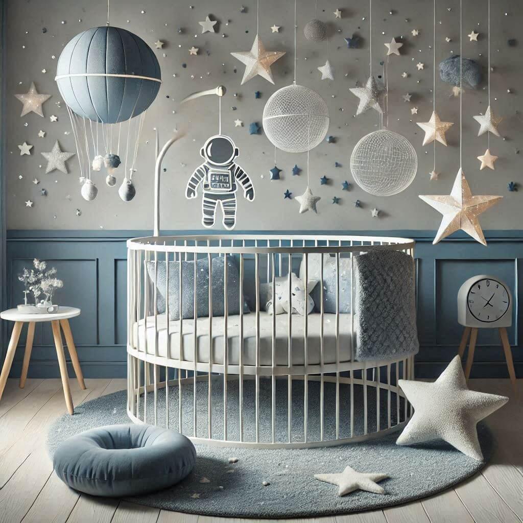 décoration thème espace pour chambre bébé avec couleurs bleu ciel, étoile, astronaute