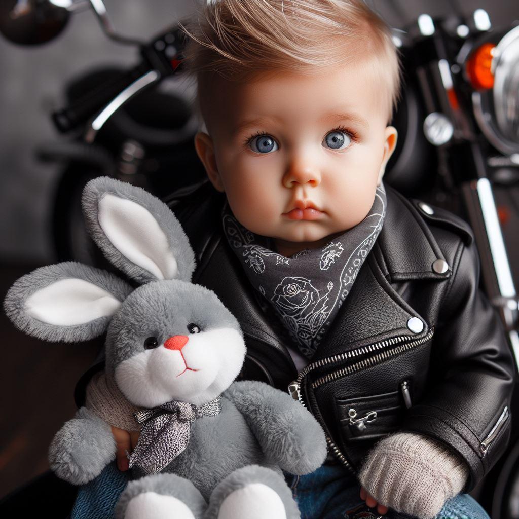 petit garçon avec sa veste en cuir, style motard
