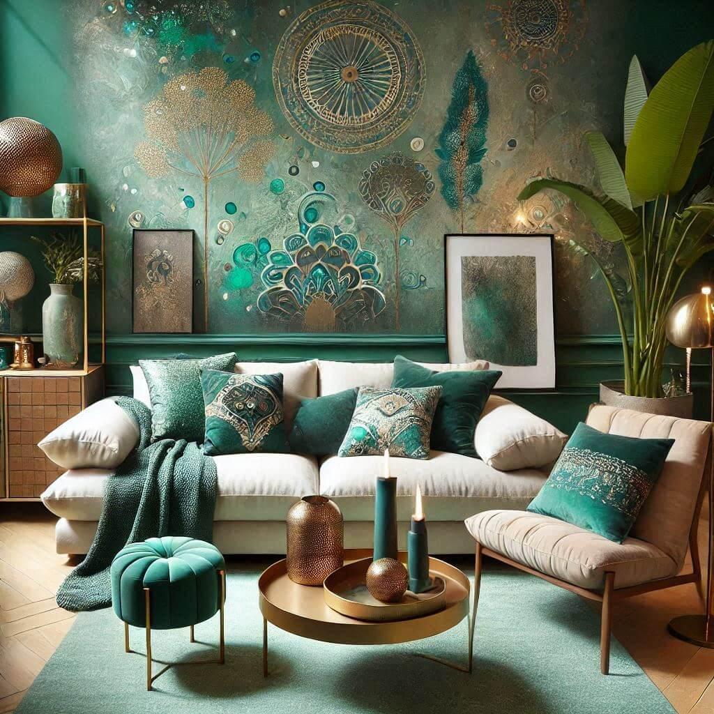 salon en vert emeraude associe a des meubles en bois clair ou en velours des accessoires comme des coussins des tapis ou des rideaux pour donner une touche subt
