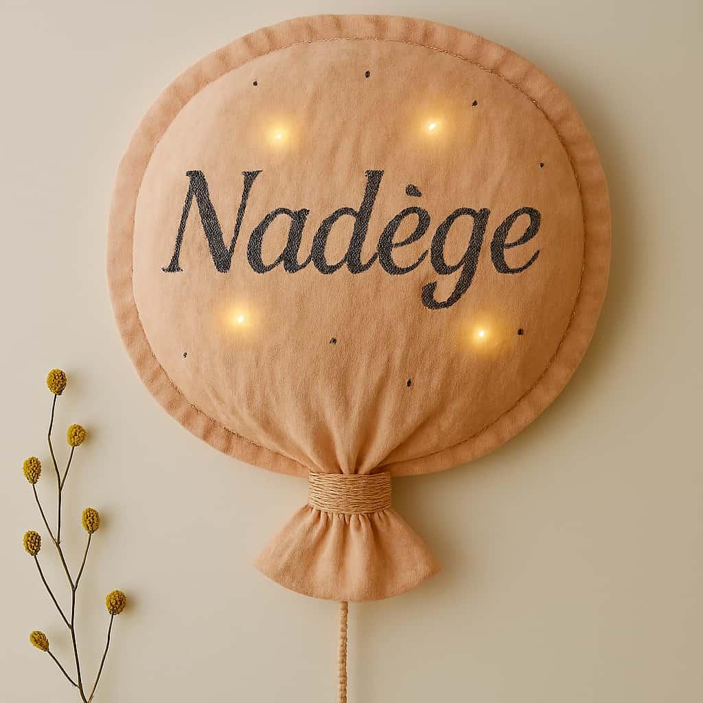 Coussin ballon en tissu personnalisé avec le prénom Nadège pour décoration murale chambre bébé fille