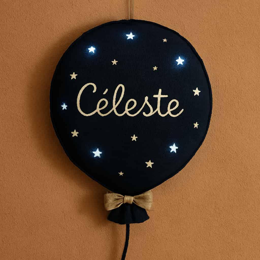 Ballon led decoratif a accrocher au mur personnalise avec le prenom celeste couleur bleu nuit et blanc