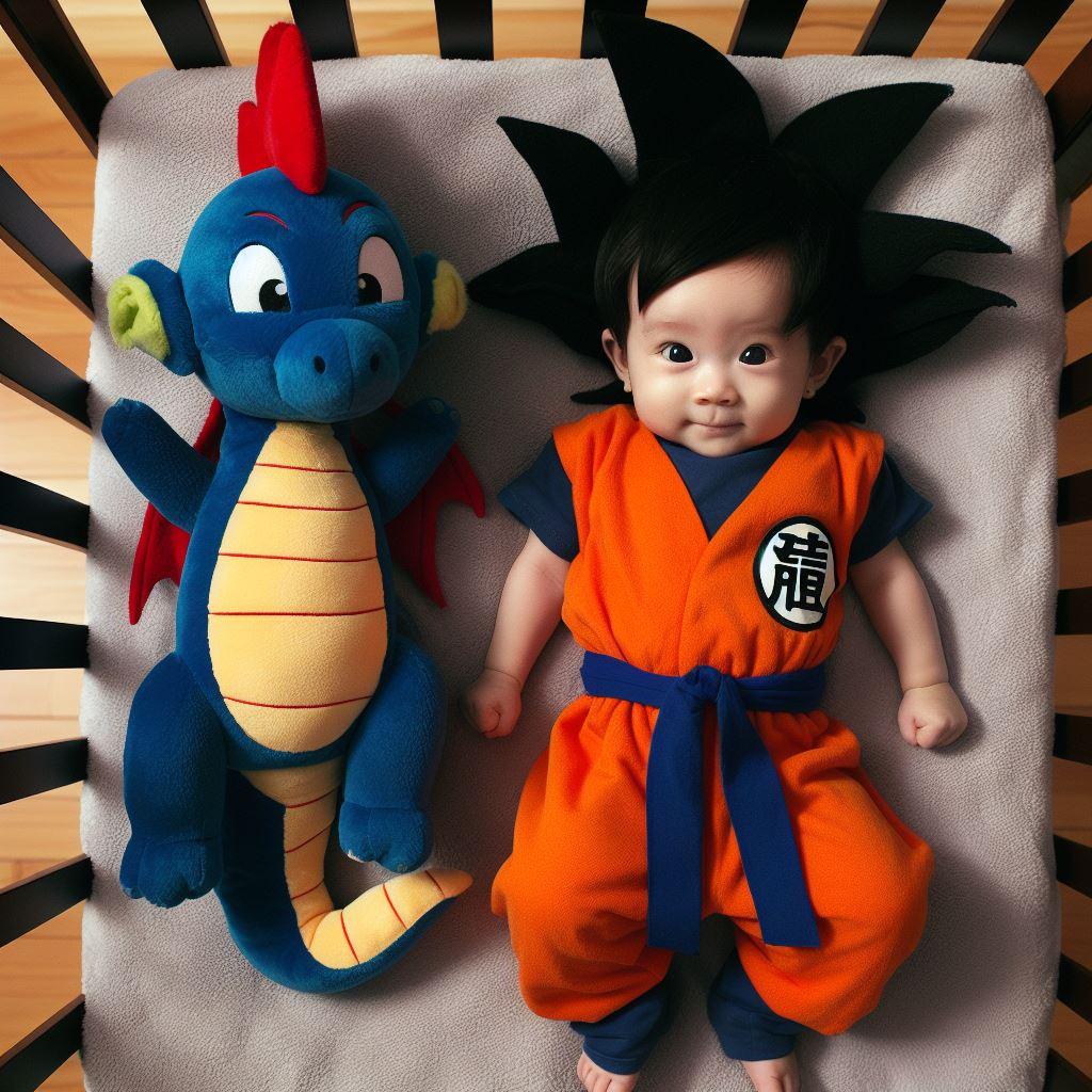 Bébé habillé en Son Goku de dragon ball z, il est dans son berceau avec sa peluche dragon