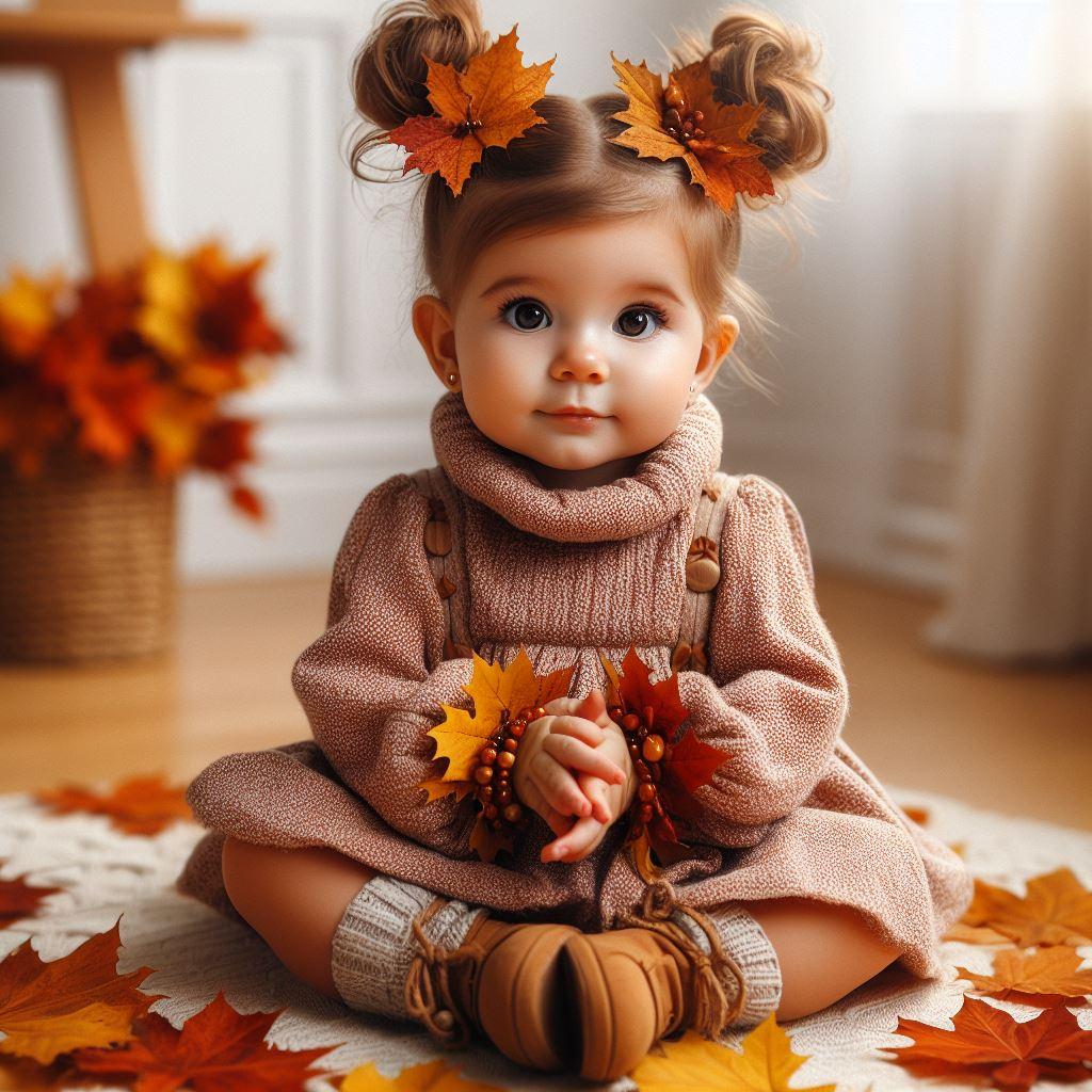 bébé fille habillée avec deux chignons, habillée avec une tenue automnal avec des bracelets feuilles, assise dans sa chambre entourée de feuilles d'automne