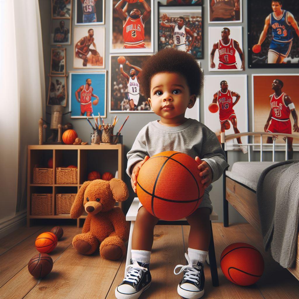 bébé garçon habillé en basketteur dans une chambre à la décoration de basketteur