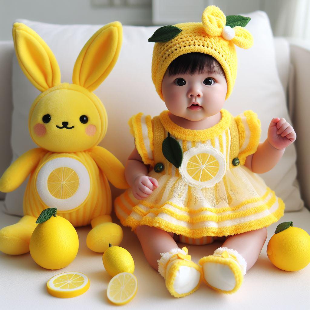 Petite fille habillée jaune avec une décoration citron