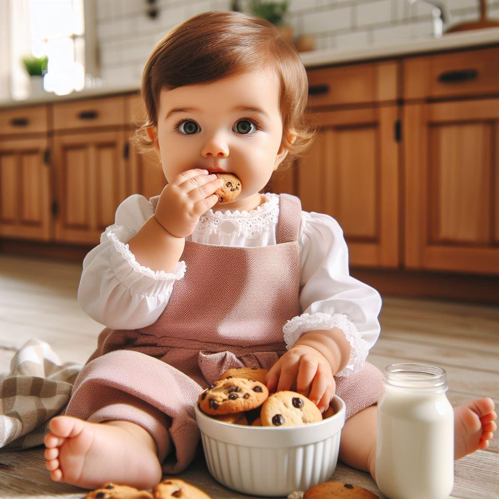 petit bébé fille en train de manger des cookies assise par terre dans la cuisine