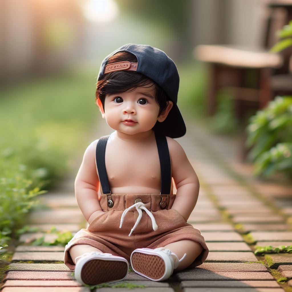 bébé garçon habillé avec un short et une casquette à l 'envers, assis dans un chemin