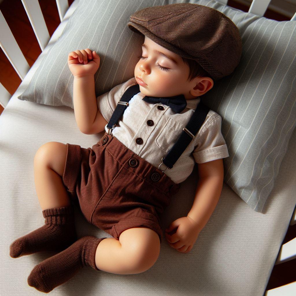 bébé garçon habillé avecun short et des bretelles marrons, des chaussettes marrons foncées, et une gavroche sur la tête, il dort dans son berceau