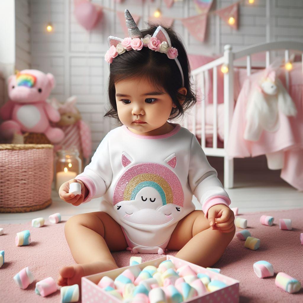 petite fille entourée de bonbons guimauves assise dans sa chambre