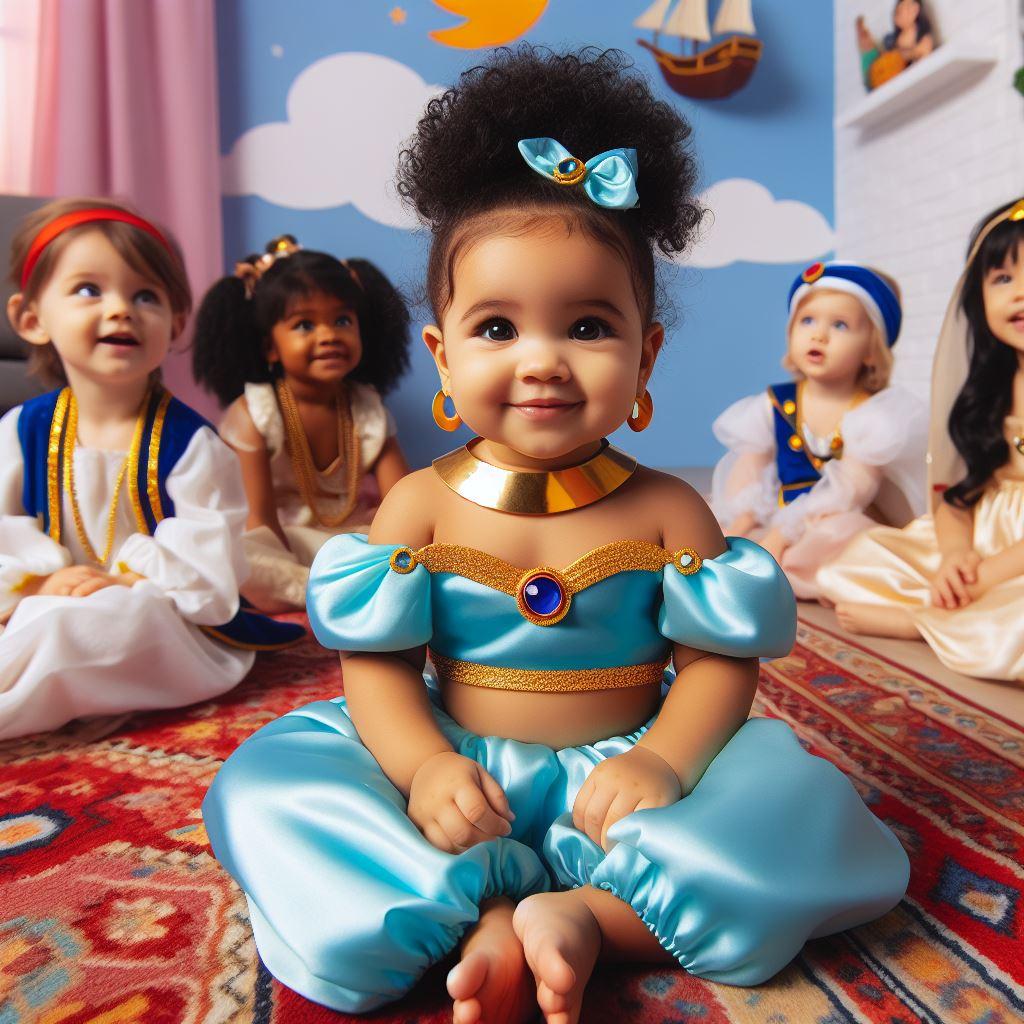 bébé fille habillée en jasmine,elle est assise dans un studio de dessin animé avec d'autres enfants déguisés sur le theme du dessin animé aladin
