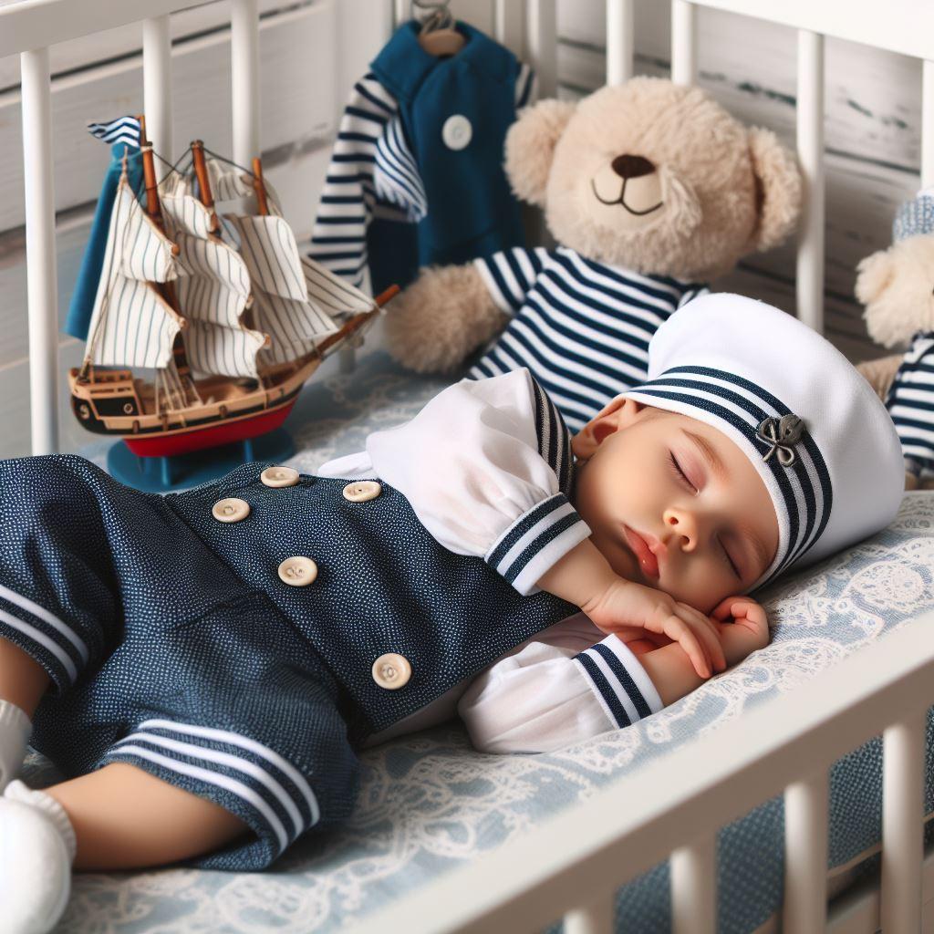 Petit bébé trop mignon habillé en marin endormi dans son berceau