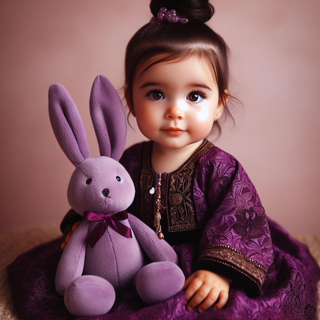 Petite fille habillée avec une robe orientale violette avec son doudou lapin violet