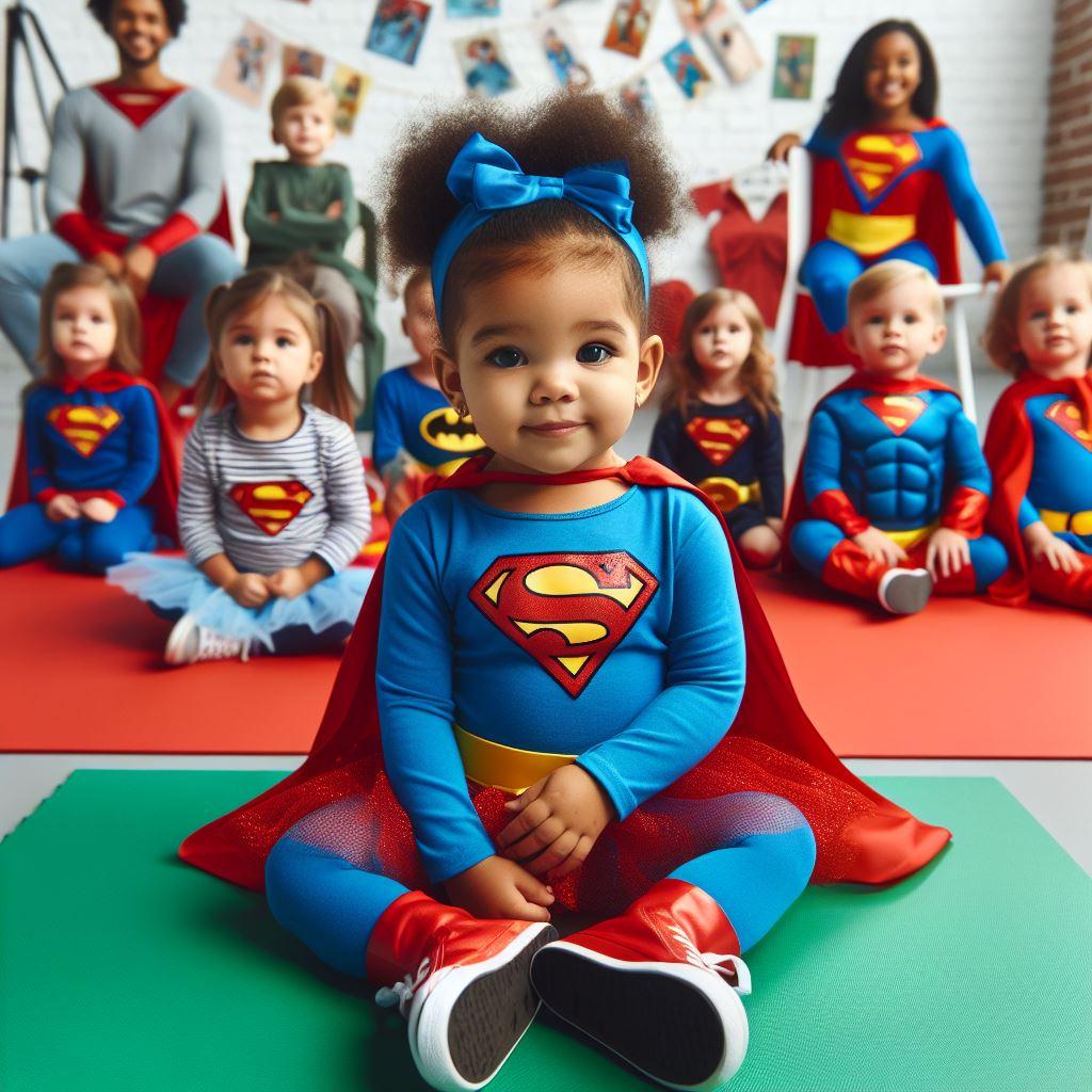 bébé fille habillée en supergirl,elle est assise dans un studio de dessin animé avec d'autres enfants déguisés sur le theme des supers héros