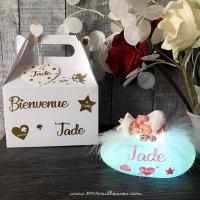 Personalized night light shaped like a luminous pebble with a fimo baby dressed as Marie from The Aristocats next to a gift box