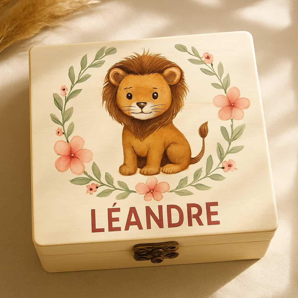 Boite souvenir pour enfant personnalise avec le prenom leandre theme lion