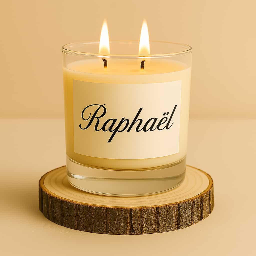 Bougie allumee a deux meches avec le prenom raphael