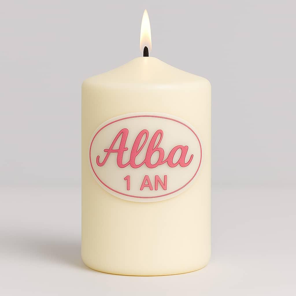 Bougie personnalisee avec le prenom alba pour les 1 an de bebe