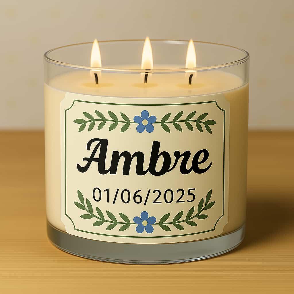 Bougie personnalisee pour bebe avec le prenom ambre et sa date de naissance