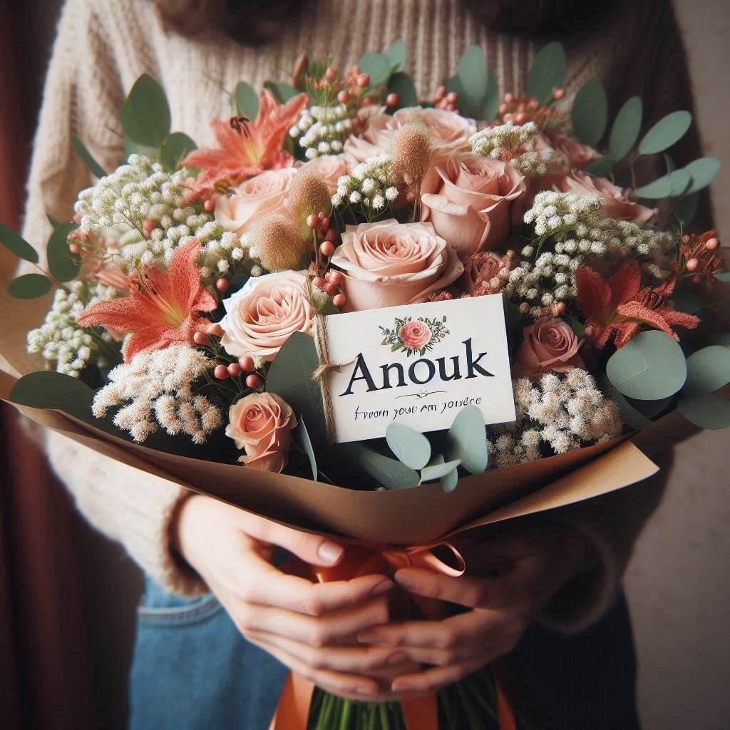 Bouquet de fleurs avec une etiquette personnalisee avec le prenom anouk