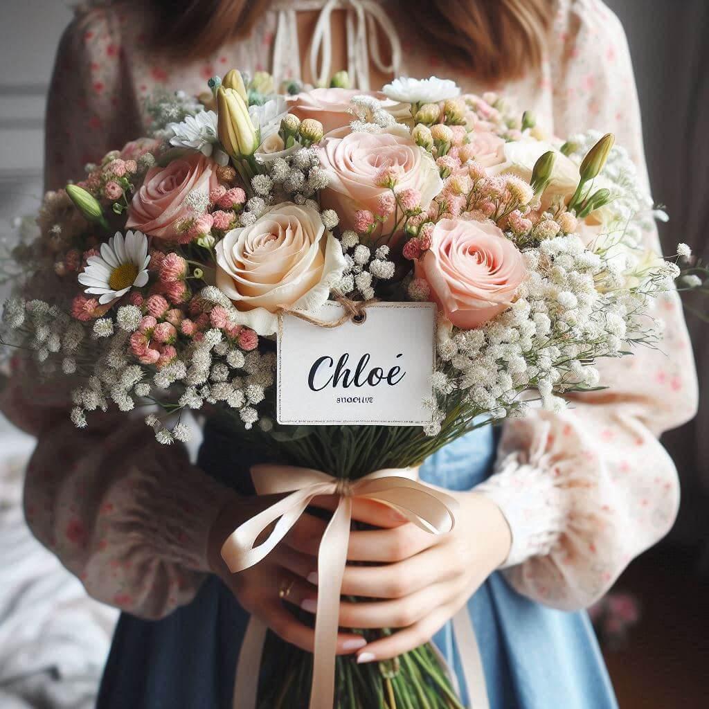 Bouquet de fleurs avec une etiquette personnalisee avec le prenom chloe