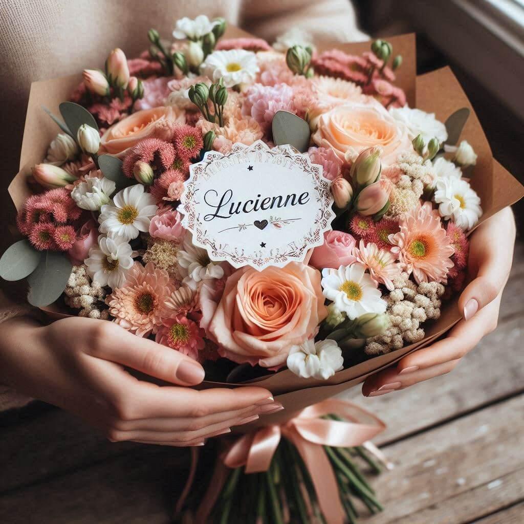 Bouquet de fleurs avec une etiquette personnalisee avec le prenom lucienne