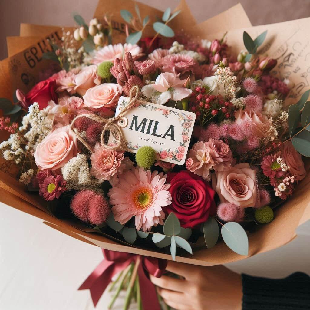 Bouquet de fleurs avec une etiquette personnalisee avec le prenom mila 1