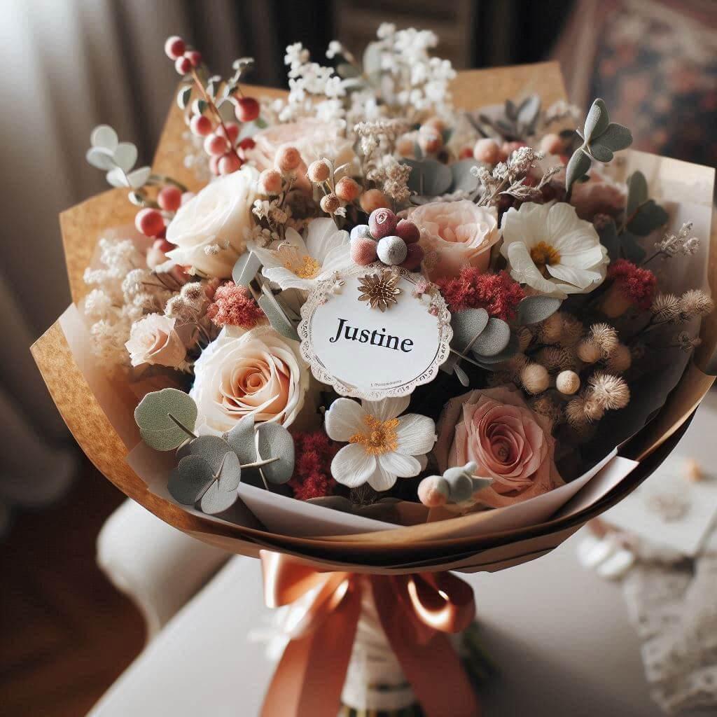 Bouquet de fleurs personnalise avec le prenom justine