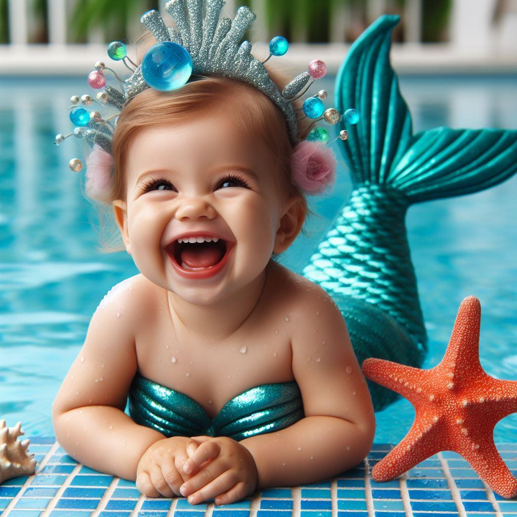 Petite fille habillée en sirène qui rigole dans une piscine