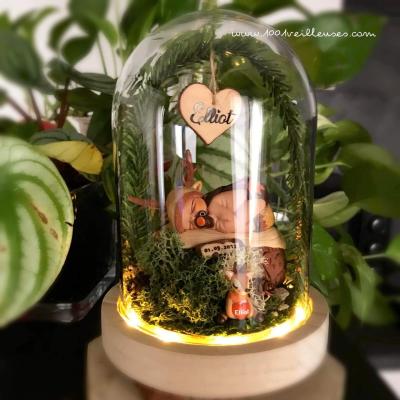 Superbe veilleuse artisanale dans une cloche en verre personnalisée avec un bébé cerf réalisé en fimo au milieu d'une forêt enchantée, vue de face