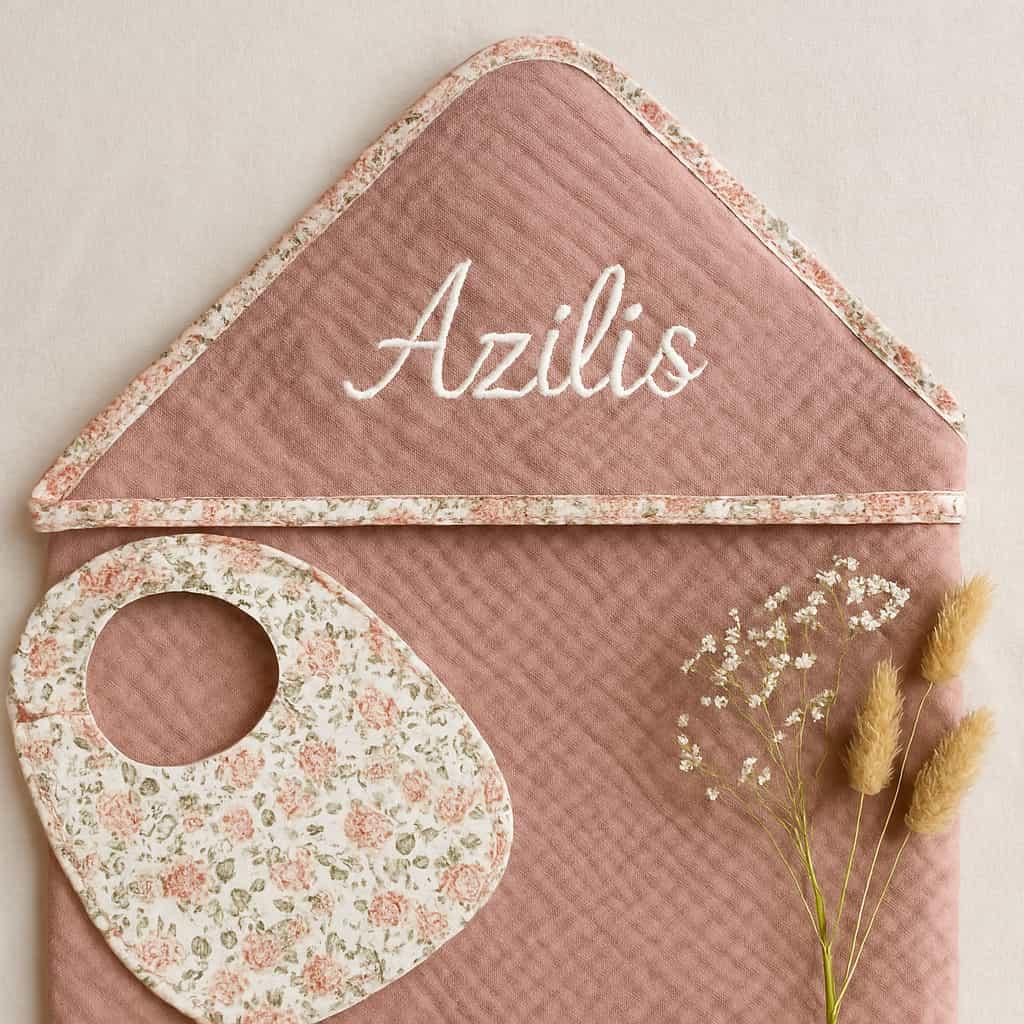 Cape de bain pour bébé personnalisée avec le prénom Azilis couleur vieux rose