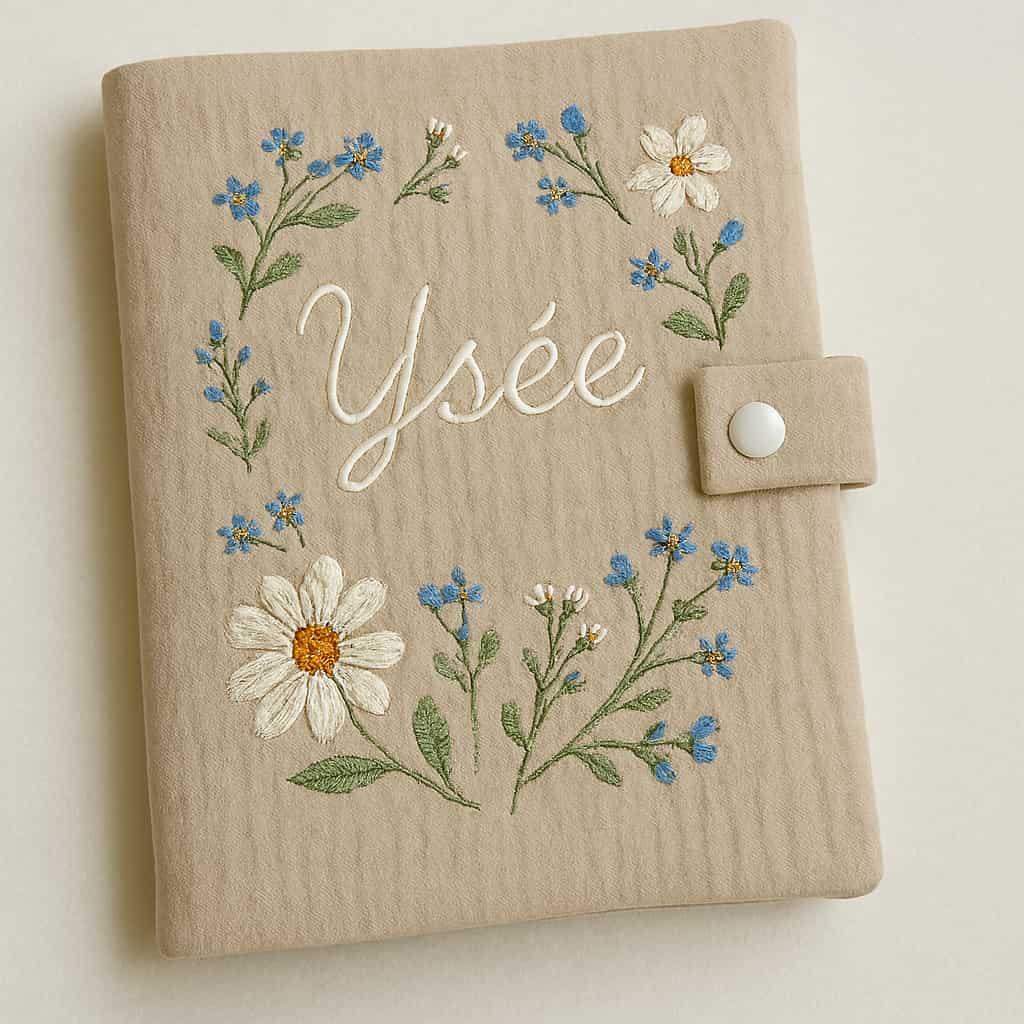 Carnet de santé beige en tissu thème fleuri personnalisé avec le prénom Ysée
