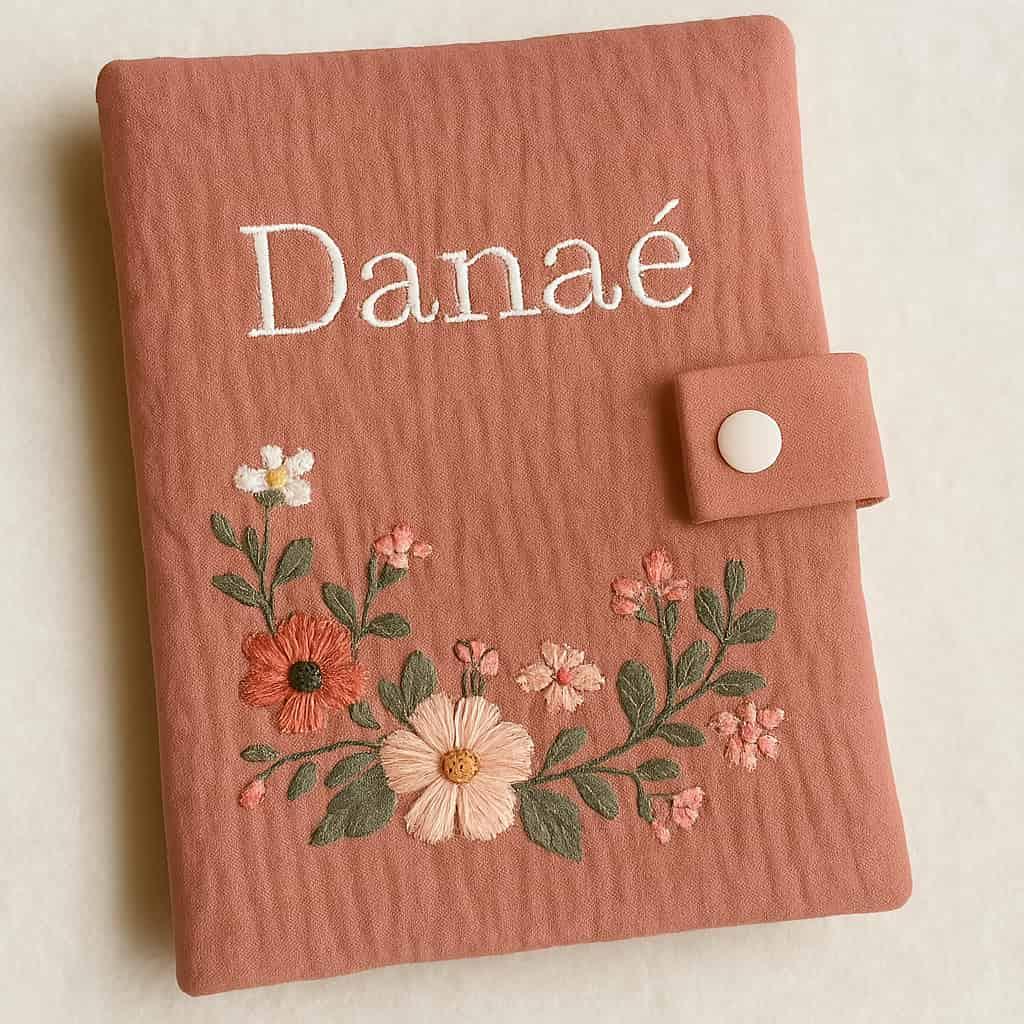 Carnet de santé personnalisé avec le prénom Danaé couleur vieux rose thème fleuri